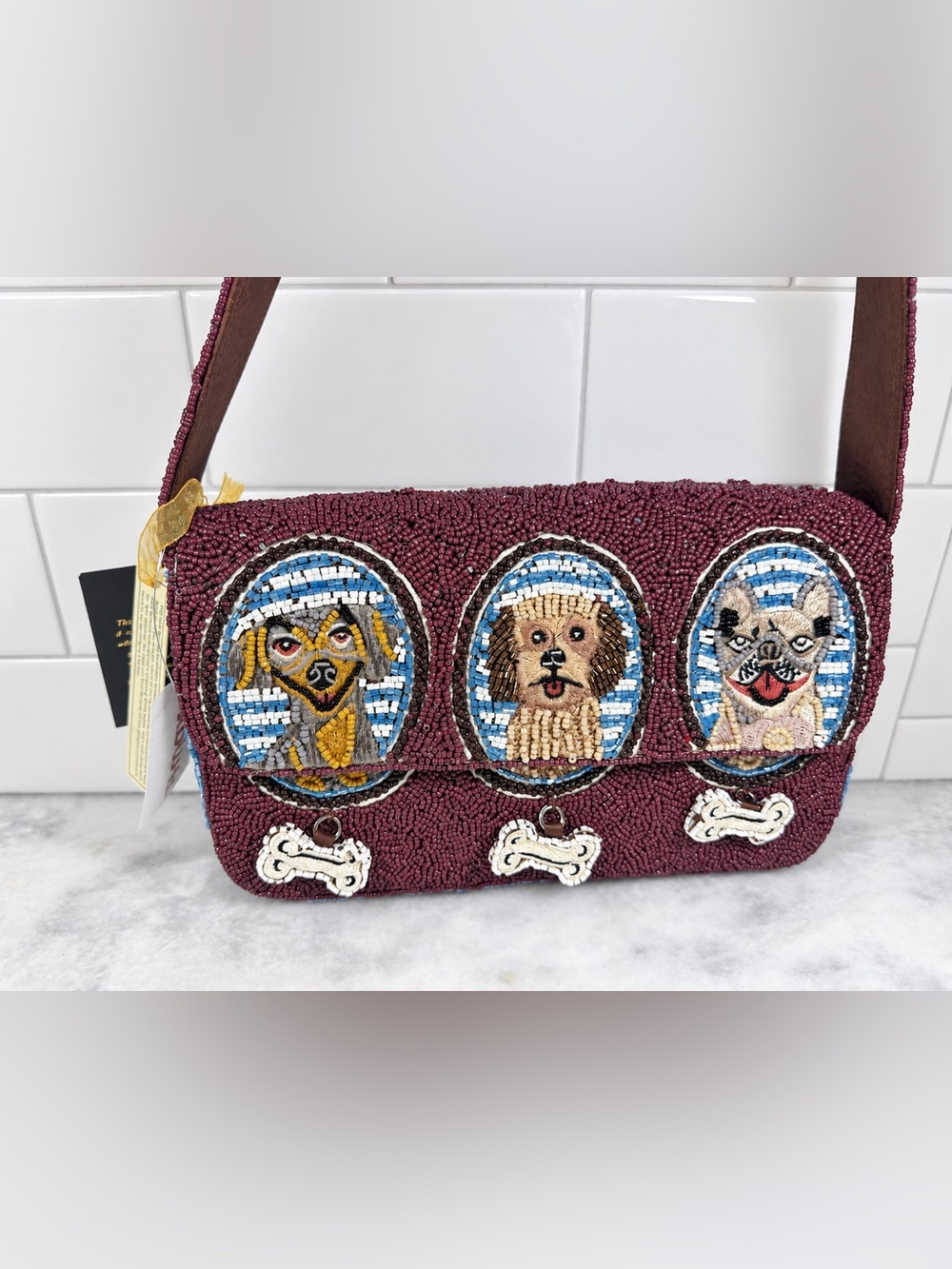 Viral New Release Made In India Brown Beaded Dog Bag W/Bones Purse Handbag NWT